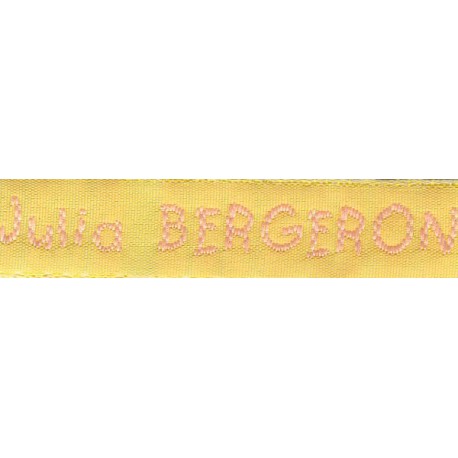 Woven labels, Model V - Yellow 12mm ribbon - Pink lettering